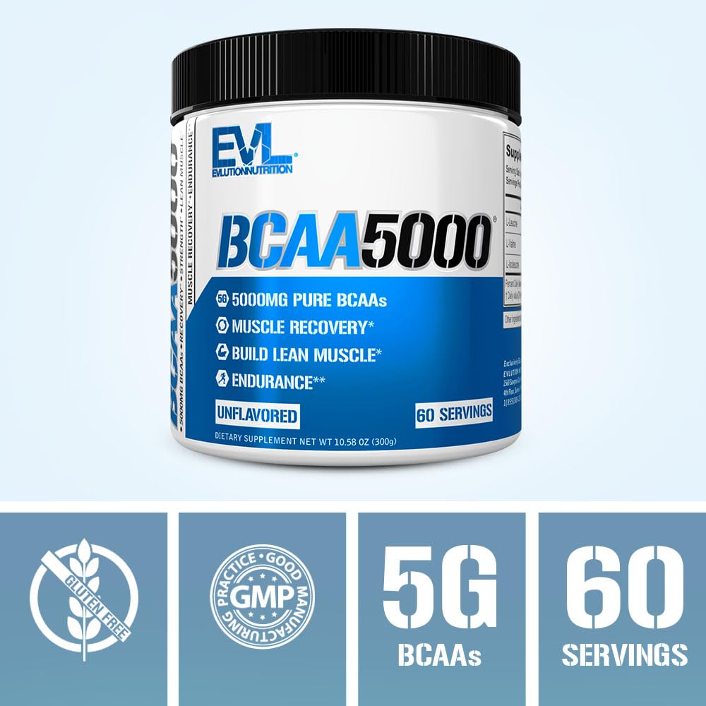 Evlution EVL BCAAs Amino Acids Powder - BCAA Powder Post Workout Recovery Drink and Stim Free Pre Workout Energy Drink Powder - 5g Branched Chain Amino Acids Supplement for Men - Unflavored Powder