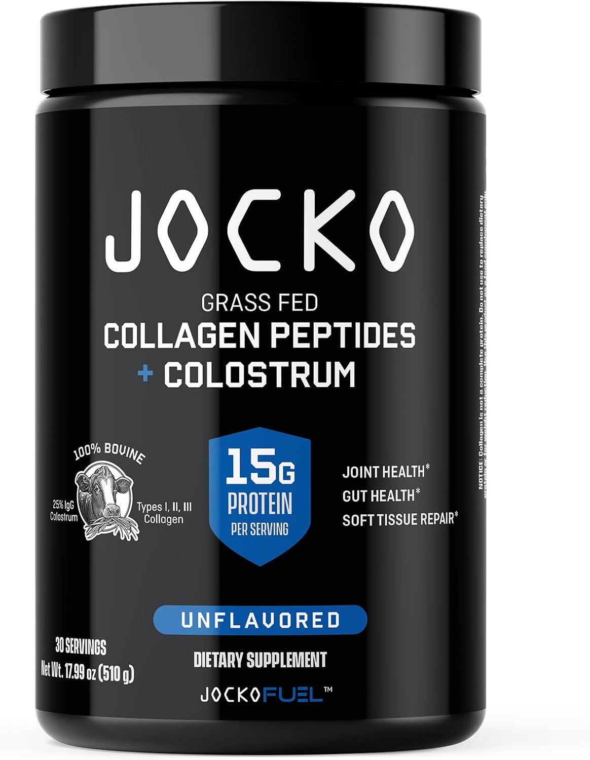 Jocko Fuel Collagen Powder with Colostrum – 15g Hydrolyzed Collagen + 2g First-Milking Colostrum – Dual Action for Gut Health, Joint Support, and Immune Defense – Recovery Supplement (30 Servings)