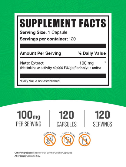 BulkSupplements.com Nattokinase 4000 FU Capsules - Nattokinase Supplement, Sourced from Natto Extract, Nattokinase 100mg - Gluten Free, 1 Capsule per Serving, 120 Capsules (Pack of 1)