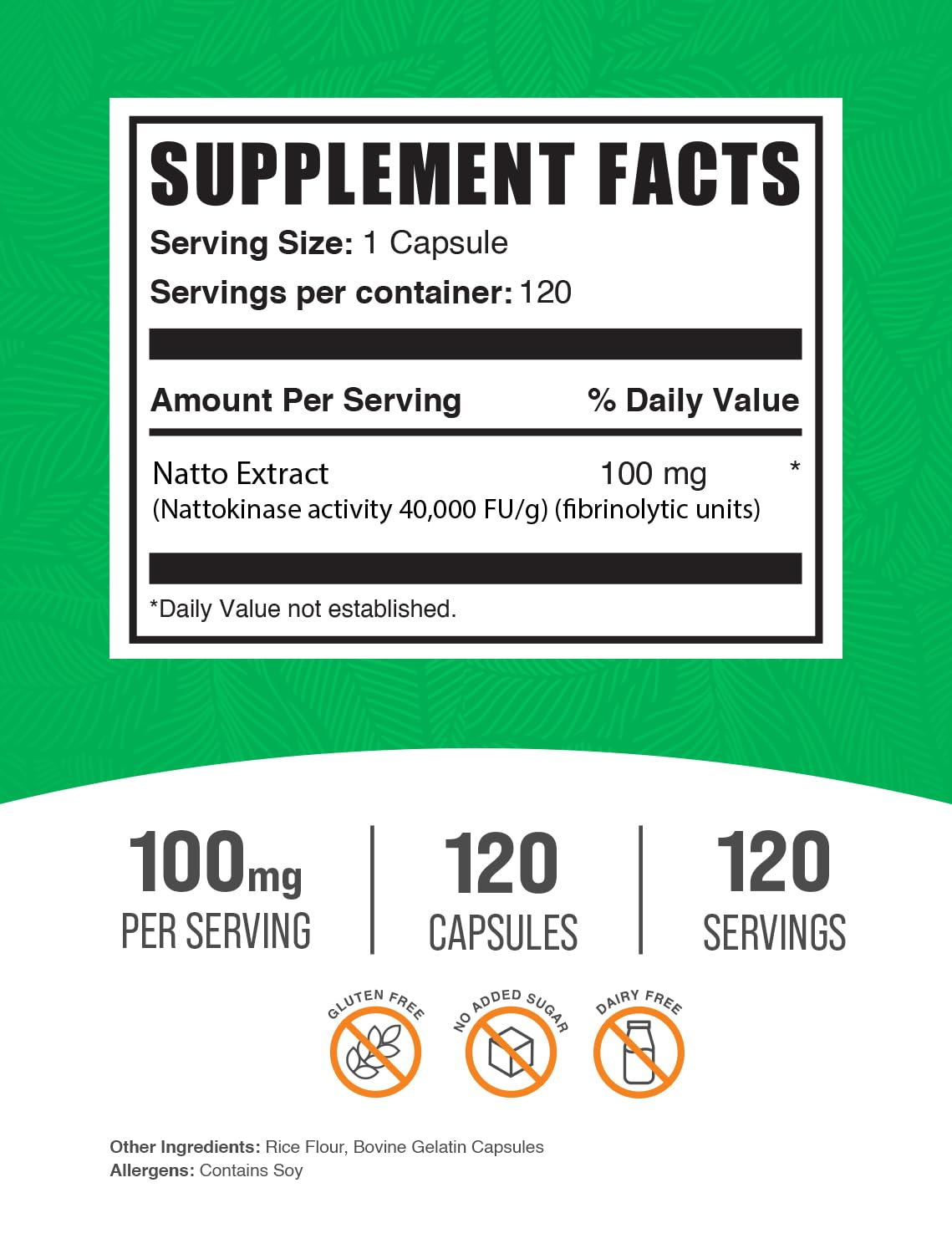 BulkSupplements.com Nattokinase 4000 FU Capsules - Nattokinase Supplement, Sourced from Natto Extract, Nattokinase 100mg - Gluten Free, 1 Capsule per Serving, 120 Capsules (Pack of 1)