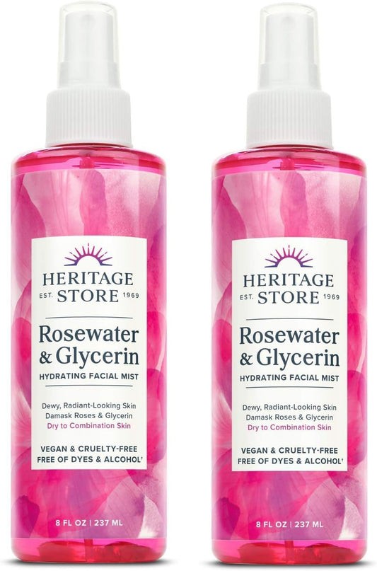 HERITAGE STORE Rosewater & Glycerin 2-pack - Hydrating Facial Mist - Dry Combination Skin Care - Rose Water Spray with Vegetable Glycerine - Made Without Dyes or Alcohol, Hypoallergenic, Vegan, 8oz ea
