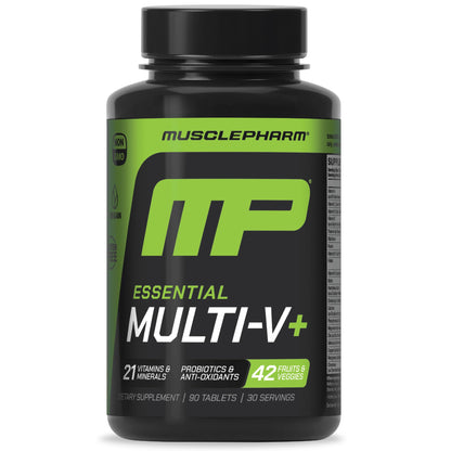 Muscle Pharm Essentials Multi-V+, The Athlete's Multi-Vitamin, Enhanced Energy, Performance & Immune Health, Daily Multivitamin for Men & Women with Minerals Plus Probiotics, 90 Tablets, 30 Servings