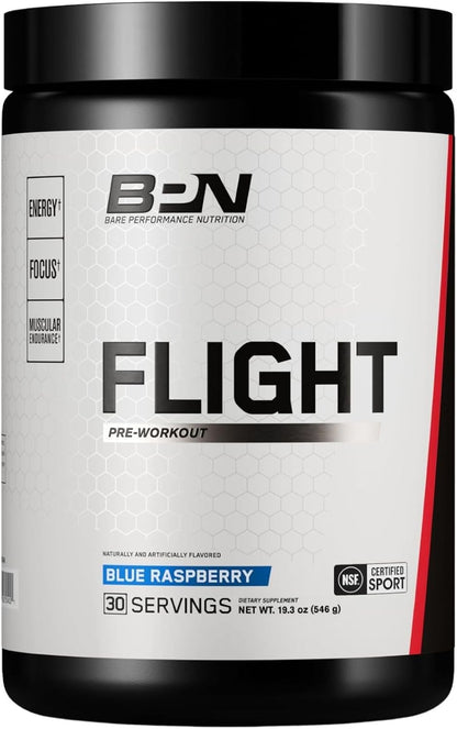 Bare Performance Nutrition BPN Flight Pre Workout, Supports Energy and Mental Focus, Improved Endurance & Muscle Pumps with CarnoSyn® Beta Alanine, Blue Raspberry, 30 Servings