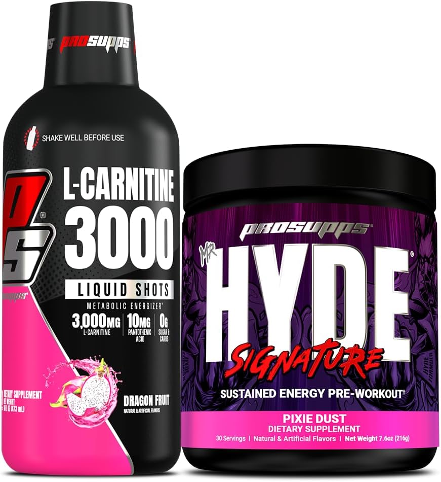 PROSUPPS L-Carnitine 3000 Stimulant Free Liquid Shots (31 Servings, Dragon Fruit) and Mr. Hyde Signature Series Pre-Workout Energy Powdered Drink (30 Servings, Pixie Dust) Bundle