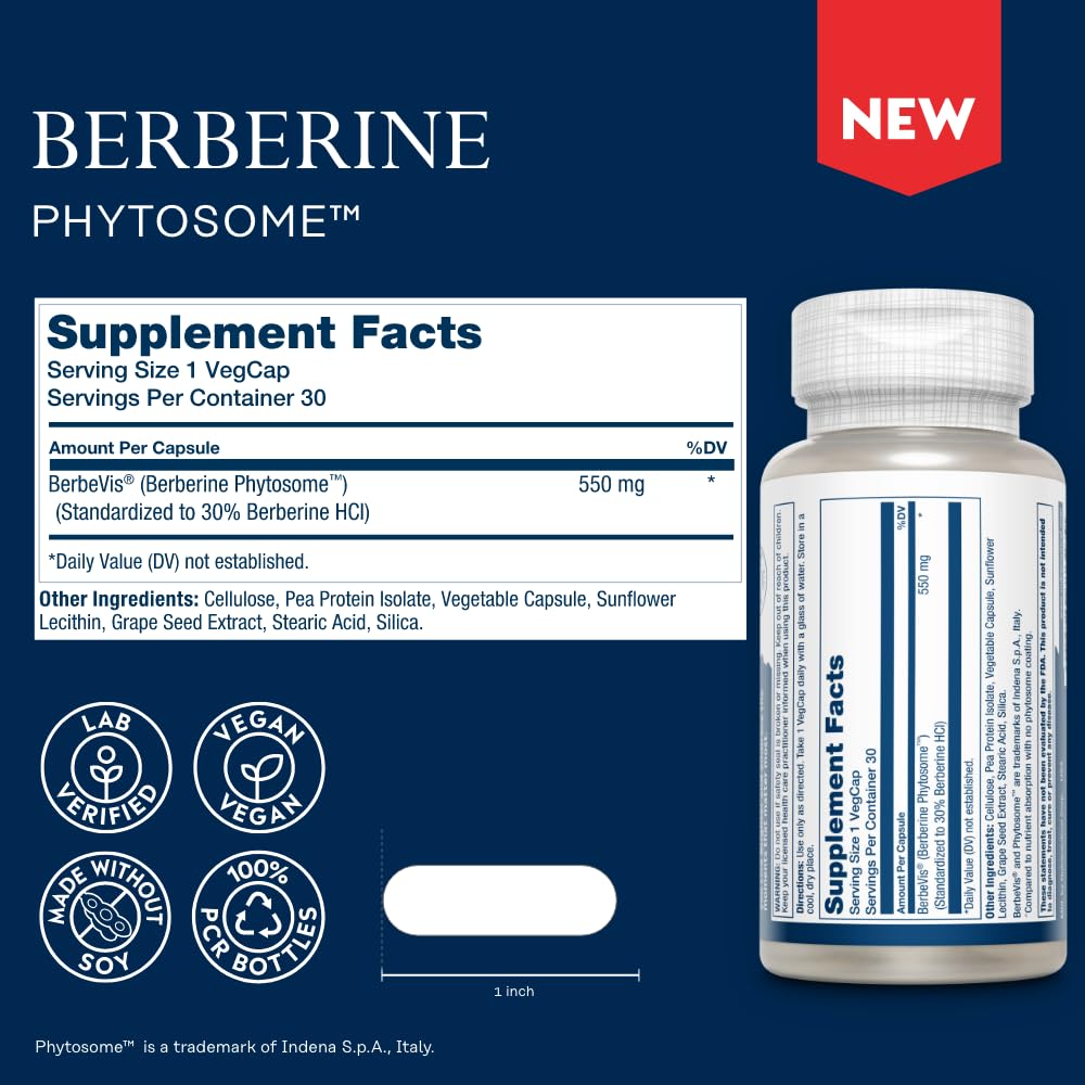 SOLARAY Berberine Phytosome - 9X Absorption and Easy-to-Digest - Standardized to 30% Berberine HCl - Vegan, Made Without Soy - 60-Day Guarantee - 30 Servings, 30 VegCaps