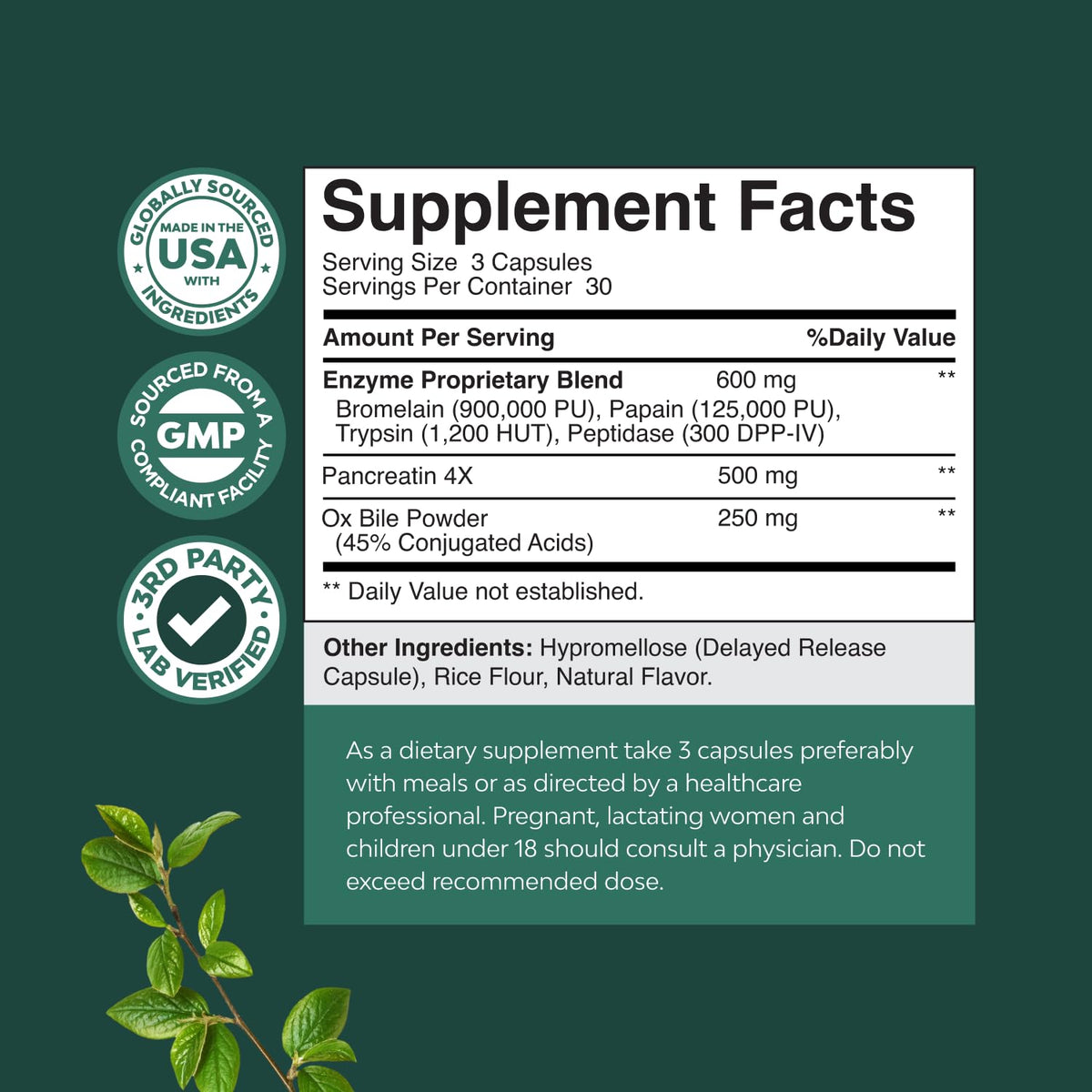 Digestive Enzymes with Ox Bile - Ox Bile Supplements for No Gallbladder with Trypsin, Papain & Bromelain Enzyme for Pancrease Cleanse & Detox - Pancreatin Digestion Enzymes for Women & Men - 90 Ct