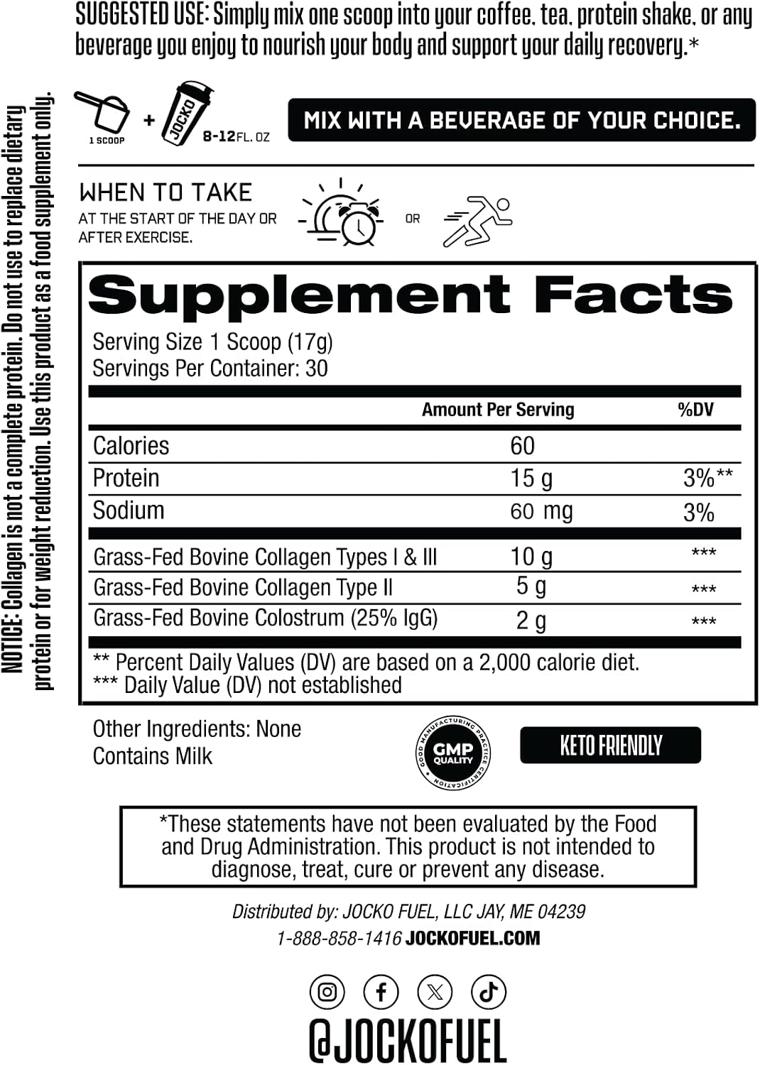 Jocko Fuel Collagen Powder with Colostrum – 15g Hydrolyzed Collagen + 2g First-Milking Colostrum – Dual Action for Gut Health, Joint Support, and Immune Defense – Recovery Supplement (30 Servings)