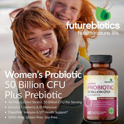 Futurebiotics Women's Probiotic 50 Billion CFU + Prebiotic with Cranberry & D-Mannose – Digestion Immune and Urinary Tract Support, Non-GMO, 60 Vegetarian Capsules