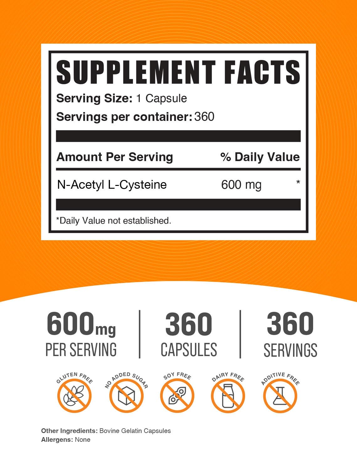 BulkSupplements.com N-Acetyl L-Cysteine Capsules - N-Acetyl Cysteine 600mg, NAC Supplement - 600mg per Capsule, Gluten Free - 1 NAC Capsule per Serving, 360 Capsules (Pack of 1)