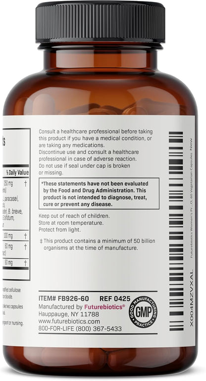 Futurebiotics Women's Probiotic 50 Billion CFU + Prebiotic with Cranberry & D-Mannose – Digestion Immune and Urinary Tract Support, Non-GMO, 60 Vegetarian Capsules