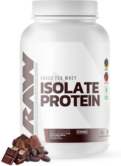RAW Whey Isolate Protein Powder, Dark Chocolate - 100% Grass-Fed Sports Nutrition Whey Protein Powder for Muscle Growth & Recovery - Low-Fat, Low Carb, Naturally Flavored & Sweetened - 25 Servings