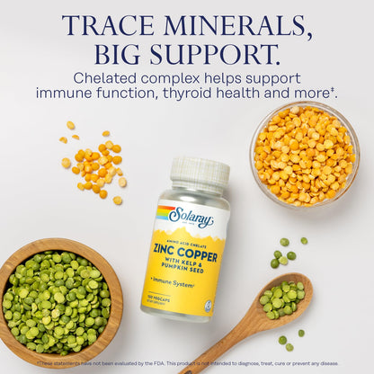 SOLARAY Zinc Copper Amino Acid Chelate - Immune Support Supplement w/Chelated Zinc 50mg - Bone, Skin, Heart Health and Thyroid Support - with Iodine from Kelp, 60-Day Guarantee, 100 Serv, 100 VegCaps