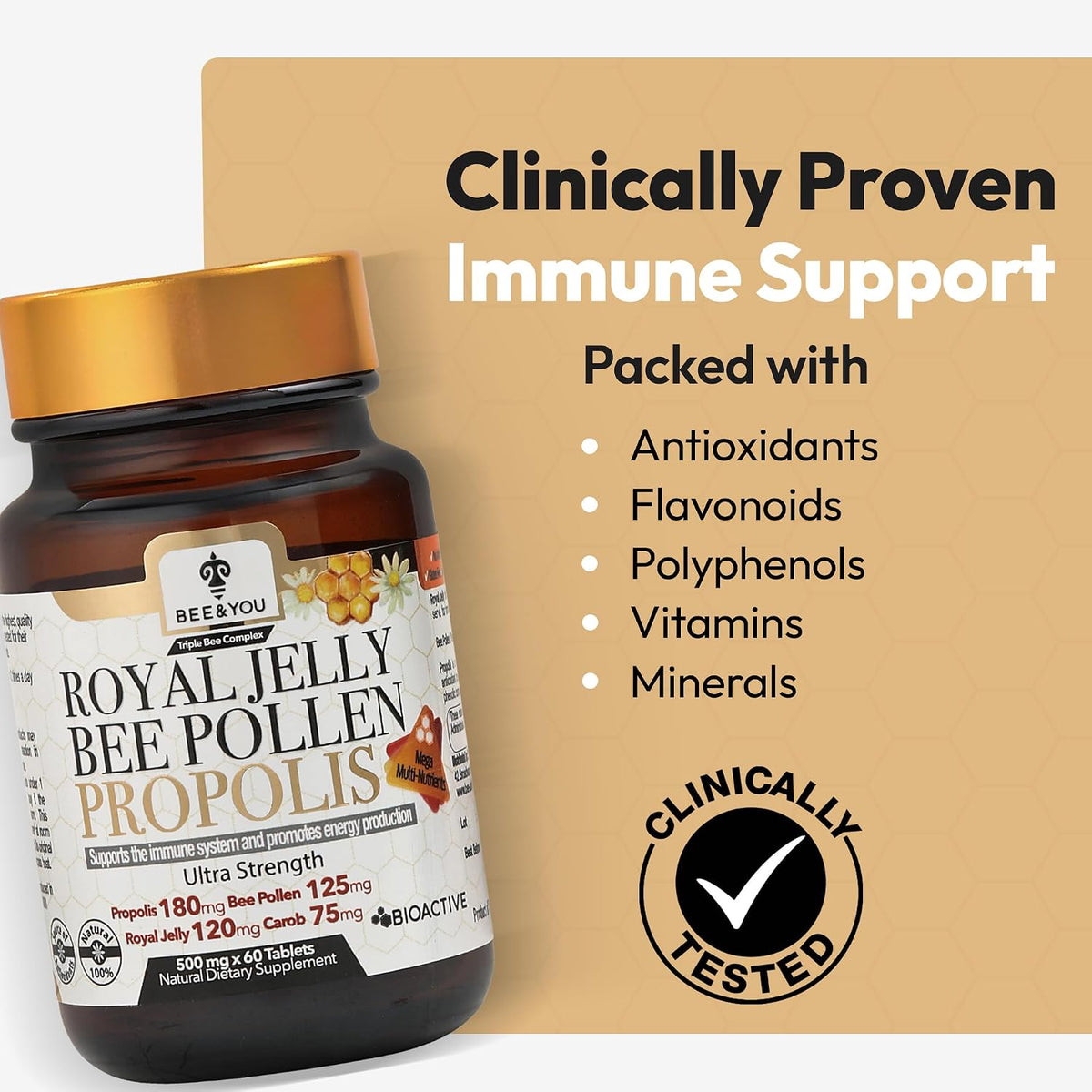 Bee and You Royal Jelly Tablet, Propolis Extract, Bee Pollen, 100% Natural Superfood, Ultra Pure, Immune Support Supplement, Improve Energy, Focus, Antioxidants, Fresh, Keto, Paleo, Gluten-Free | 60ct