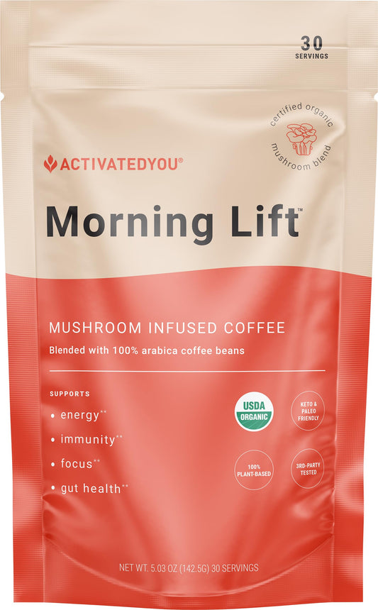 ActivatedYou Morning Lift Mushroom Infused Coffee - Certified Organic, Plant Based Mushroom Coffee Instant Blend Made with Lion's Mane & Cordyceps to Support Digestion, Energy & Focus (1 Pack)
