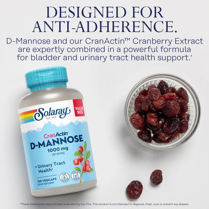 Solaray D-Mannose 1000mg with CranActin Cranberry Supplement 400mg, Urinary Tract Health & Bladder Support Capsules with Vitamin C, Vegan, 60 Day Guarantee, 75 Servings, 150 VegCaps