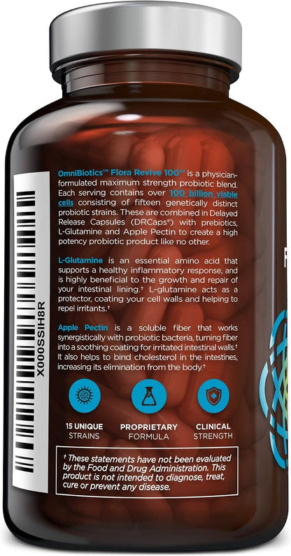100 Billion Probiotics - 15-Strain Probiotic for Women & Men, DRCaps Delayed Release, Prebiotics, L-Glutamine, Apple Pectin, Gut Lining Support, Shelf Stable, Non-GMO, 60 Vegan Capsules for Adults