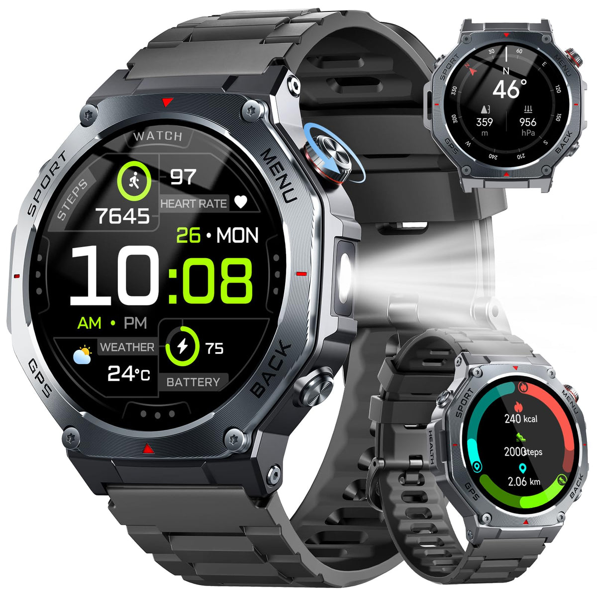 Jugeman Military Smart Watch for Men, Dual-Band GPS, 1.43" AMOLED Outdoor Smartwatch, 5ATM Waterproof Fitness Watch with Bluetooth Calls, Heart Rate/Sleep Monitor/Compass 160+ Sports for Android iOS