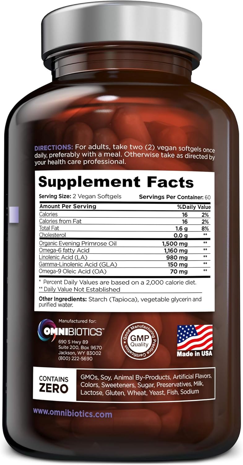 OmniBiotics Organic Evening Primrose Oil for Women – Clinical Strength 1500mg per Capsule, 10% GLA, Cold-Pressed, Non-GMO, Hormone Balance for Women – 120 Vegan Softgel Capsules