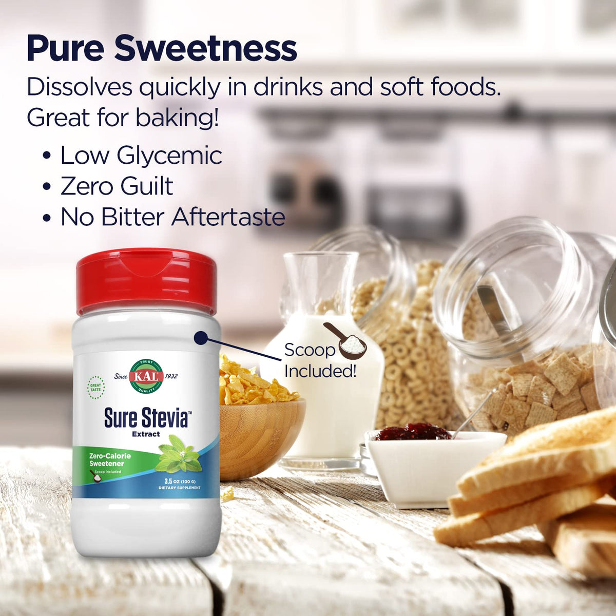 KAL Sure Stevia Extract Powder, Low Carb, Plant Based Stevia Sweetener, Great Taste, Zero Calories, Zero Sugar, Low Glycemic & Perfect for a Keto Diet, 60-Day Guarantee, Approx. 1820 Servings, 3.5oz