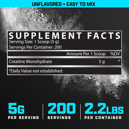 Nutrex Research Micronized Creatine Monohydrate Powder - 200 Servings (1KG) Pure, Unflavored Creatine Monohydrate Supplement for Muscle Gain, Strength and Performance, 5G Per Serv (2.2lbs)