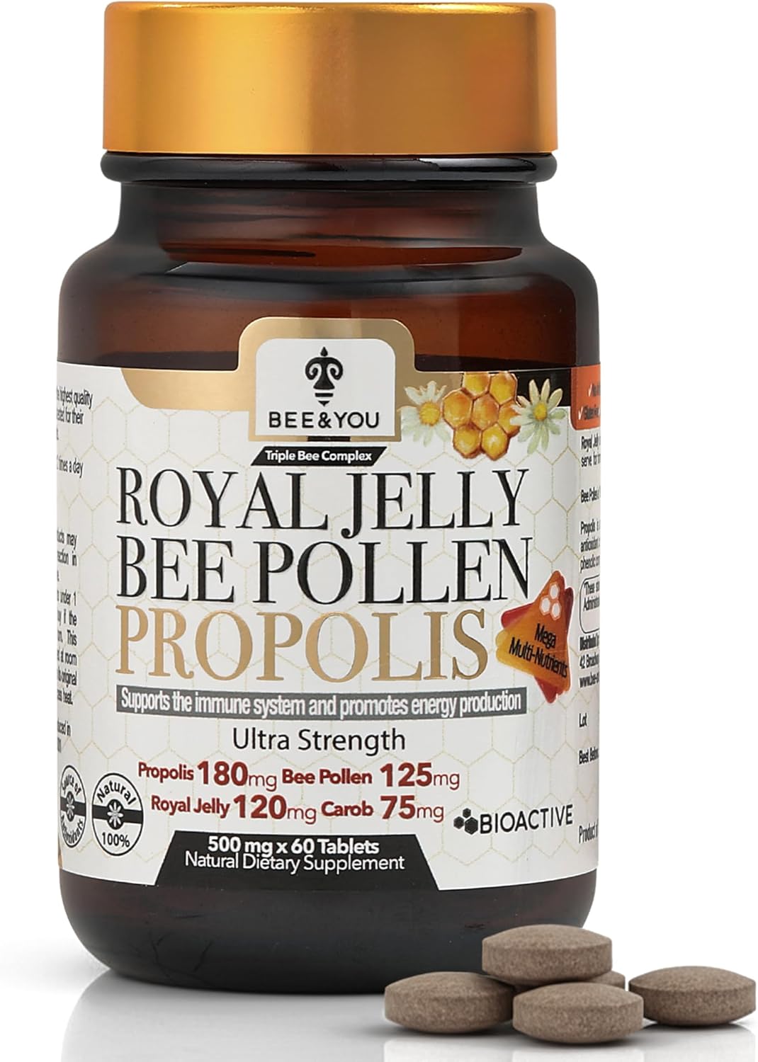 Bee and You Royal Jelly Tablet, Propolis Extract, Bee Pollen, 100% Natural Superfood, Ultra Pure, Immune Support Supplement, Improve Energy, Focus, Antioxidants, Fresh, Keto, Paleo, Gluten-Free | 60ct