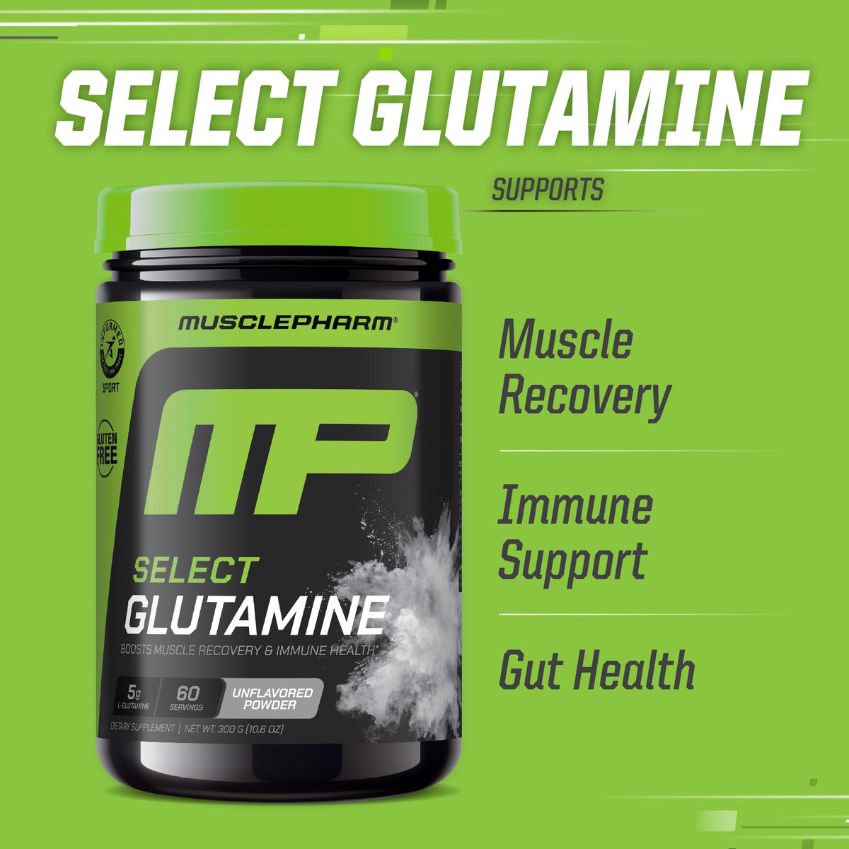 MusclePharm Glutamine, Pure L-Glutamine Powder Supplement for Post Workout Muscle Recovery, Energy & Gut Health, 5g L Glutamine Powder per Serving, Gluten-Free, Unflavored, 60 Servings