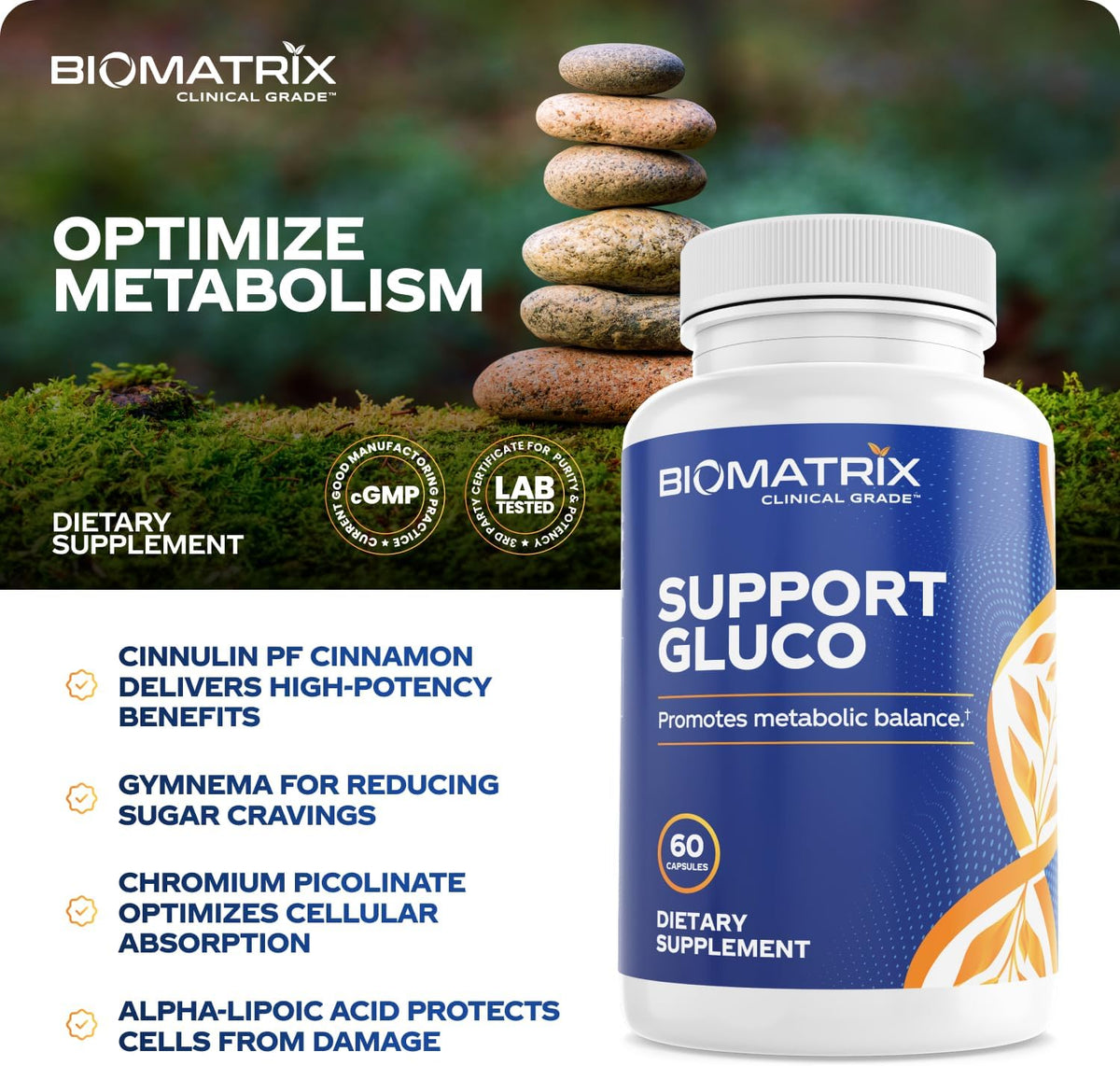 BioMatrix Metabolism Supplement for Men and Women, Cinnamon, Gymnema, Lipoic Acid, Vanadyl Sulfate, Chromium Picolinate, Bitter Melon (60 Capsules)
