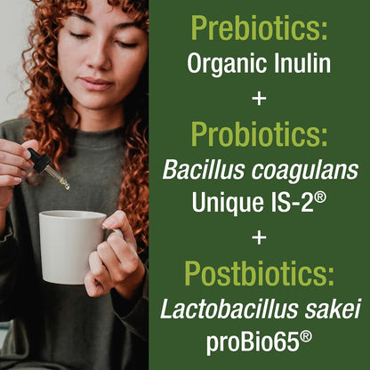 Organic Synbiotic = Prebiotics + Probiotics + Postbiotics 3-in-1 Supplement for Women, Men, & Kids. Pre, Pro, & Post Biotics Liquid Drops for Gut + Microbiome Balance. Made in USA, Vegan, Zero Sugar