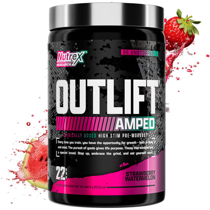 OUTLIFT Amped Max Dosed HIGH STIM Pre Workout Powder 6G Citrulline, 3.2G Beta Alanine, Alpha GPC, CognatiQ, Extreme Energy, Massive Pumps, Electrolytes (Strawberry Watermelon, 22 Servings)