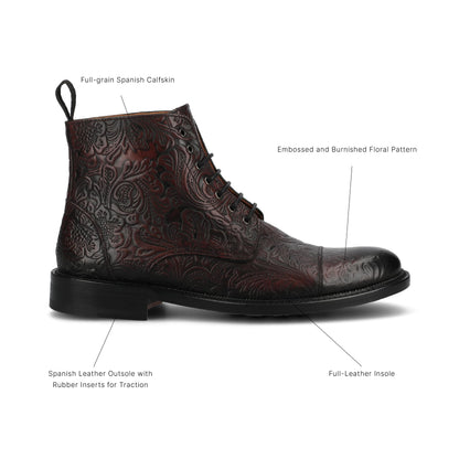 TAFT Mens Rome Genuine Leather Embossed Lace-up Ankle Boot Floral Cushioned Block Heel Round Cap Toe Casual Shoe Morado Viejo 8.5 Medium MENS US