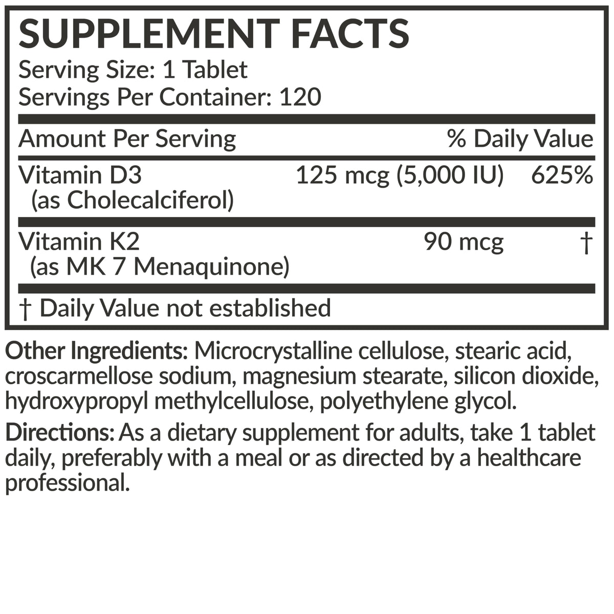 Futurebiotics Vitamin K2 with D3, 2 in 1 Support, 5000 IU Vitamin D3 & 90 mcg Vitamin K2 MK-7 Non-GMO, 120 Tablets