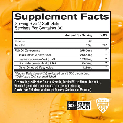 BARE PERFORMANCE NUTRITION, BPN Strong Omega Fish Oil Soft Gel, 1290mg Fish Oil per Capsule, Wild Caught Fish, Sustainably Sourced, IFOS Certified, 30 Servings