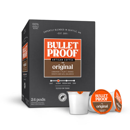 Bulletproof Original Medium-Roast Single-Serve Coffee Pods, 24 Count, 100% Arabica Beans, Clean Coffee Tested for Toxins