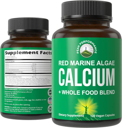 Plant Based Calcium - Red Marine Algae Calcium Supplement with Vitamin C, D3, K, Magnesium, and Whole Food Vegetable Blend. Vegan Capsules for Bones and Joints. 120 Pills, Tablets