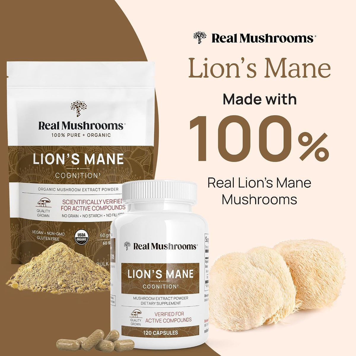 Real Mushrooms Ergothioneine (60ct) and Lions Mane (120ct) Bundle with Shiitake and Oyster Mushroom Extracts - Longevity and Cognition - Vegan, Gluten Free, Non-GMO