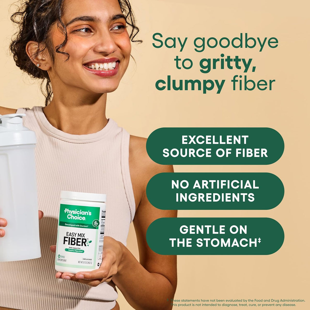 Physician's CHOICE Easy Mix Fiber for Digestive Health & Regularity - No Grit, Sugar Free, & Tasteless - Daily Prebiotic Soluble Fiber Powder Supplement for Women and Men - Unflavored - 5.7oz
